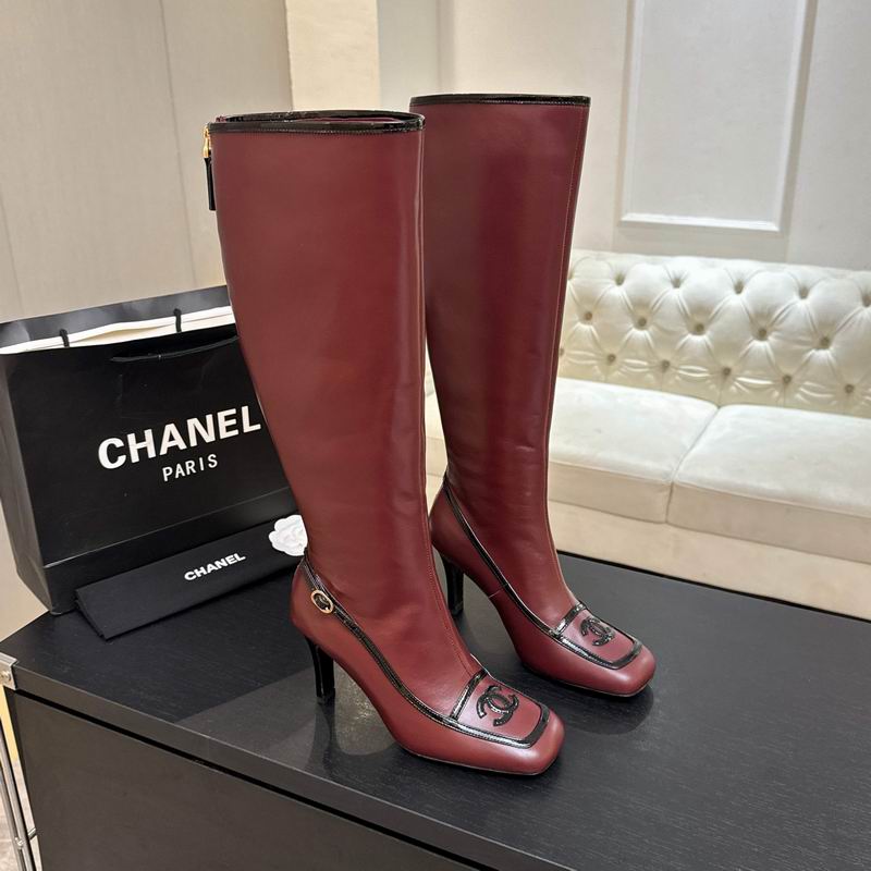 Chanel burgundy leather knee-high stiletto boots with CC logo hardware and back zip closure