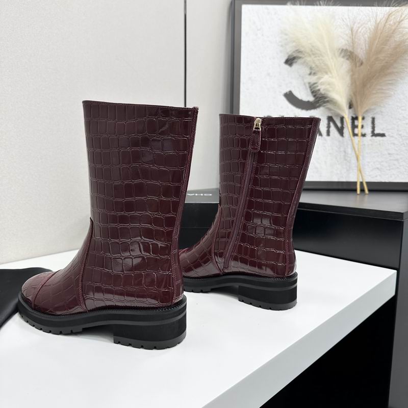 Chanel Burgundy Croc-Embossed Mid-Calf Boots