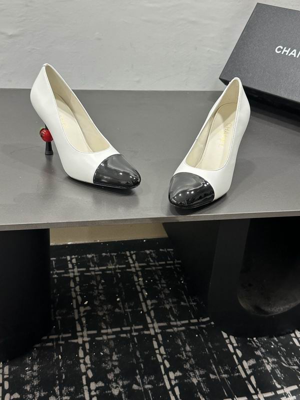 Chanel White & Black Cap-Toe Sculptural Heel Pumps