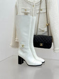Chanel White Knee-High Boots with Black Cap Toe and Block Heel