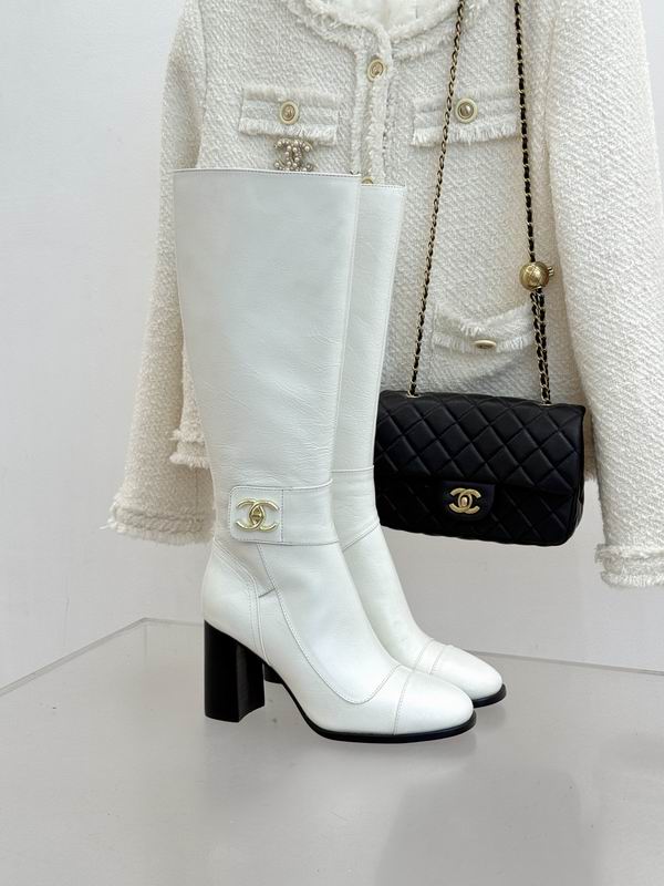 Chanel White Knee-High Boots with Black Cap Toe and Block Heel