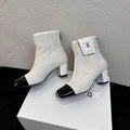 Chanel White Ankle Boots with Black Cap Toe and Block Heel