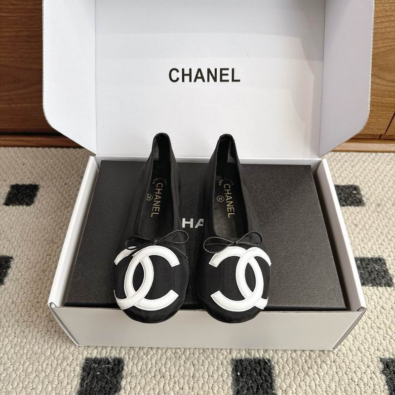 Authentic Chanel CC Logo Ballet Flats in black mesh with white CC logo appliqué, displayed in original Chanel box