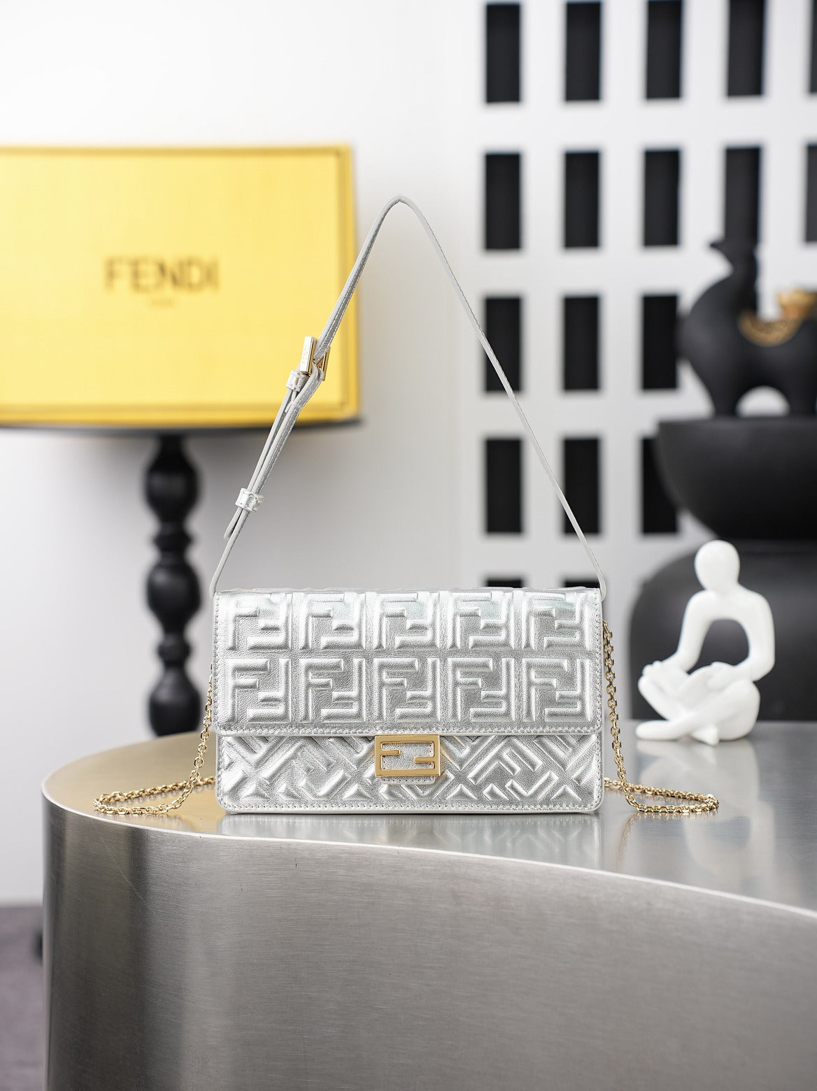 Fendi Silver FF Embossed Shoulder Bag