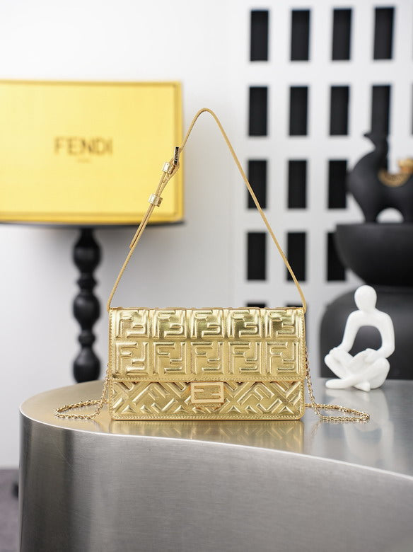 Fendi Gold FF Embossed Baguette Chain Shoulder Bag
