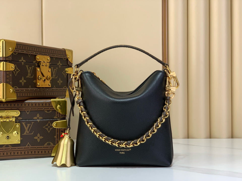 Black Leather Hobo Bag with Gold Chain Strap