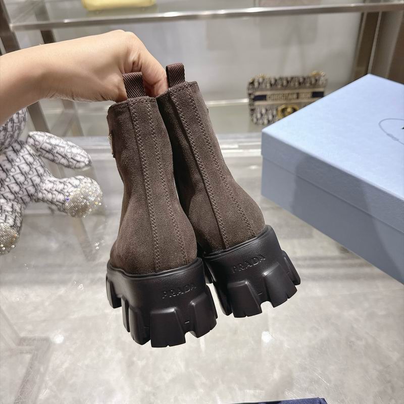 Prada Brown Gold Front-Zip Lug-Sole Ankle Boots