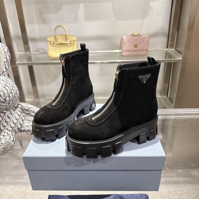 Prada Black Gold Front-Zip Lug-Sole Ankle Boots