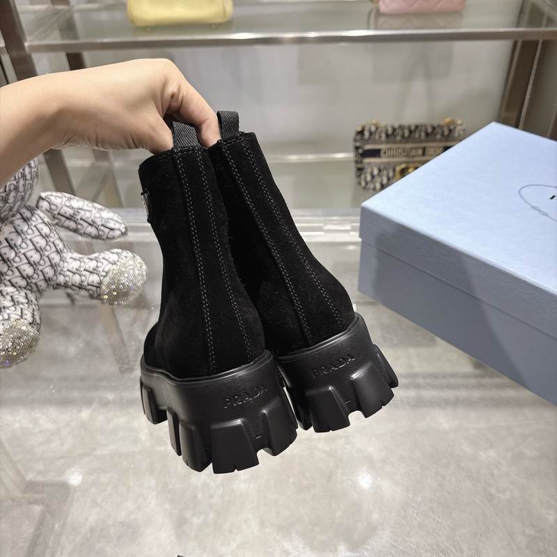 Prada Black Gold Front-Zip Lug-Sole Ankle Boots