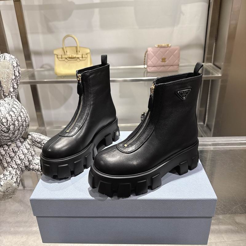 Prada Black Silver Front-Zip Lug-Sole Ankle Boots