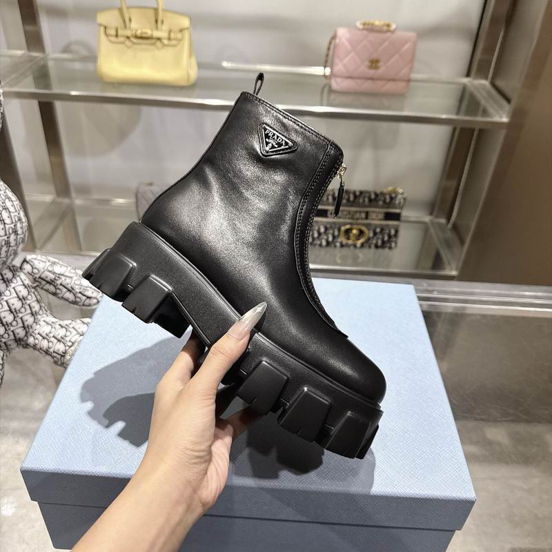 Prada Black Silver Front-Zip Lug-Sole Ankle Boots