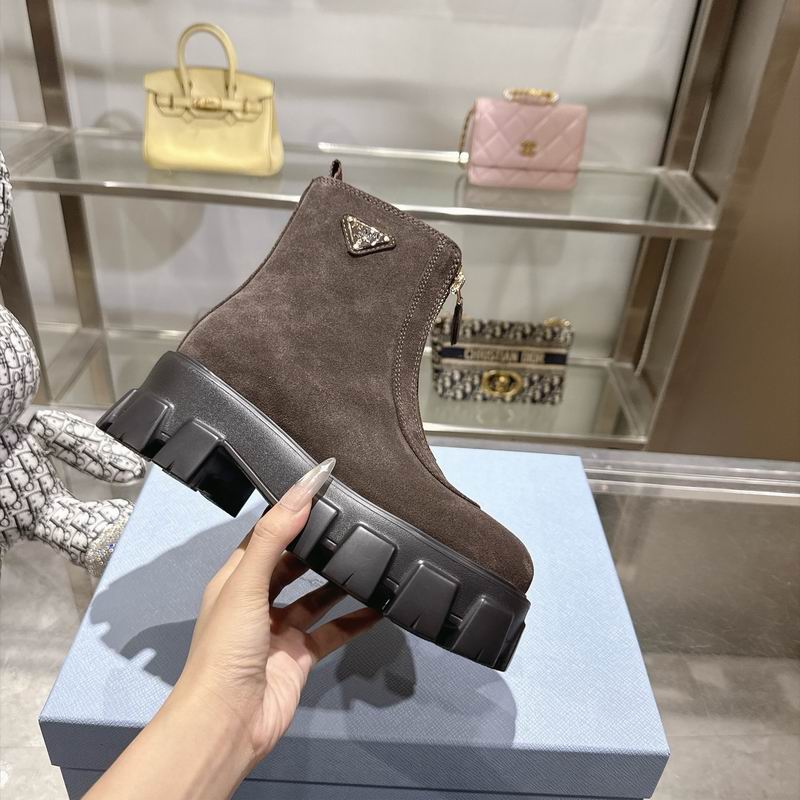 Prada Brown Gold Front-Zip Lug-Sole Ankle Boots