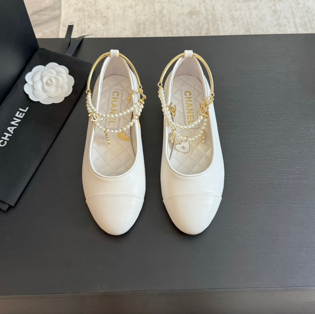CHANEL Double Strap Chunky Heel Mary Jane Shoes White
