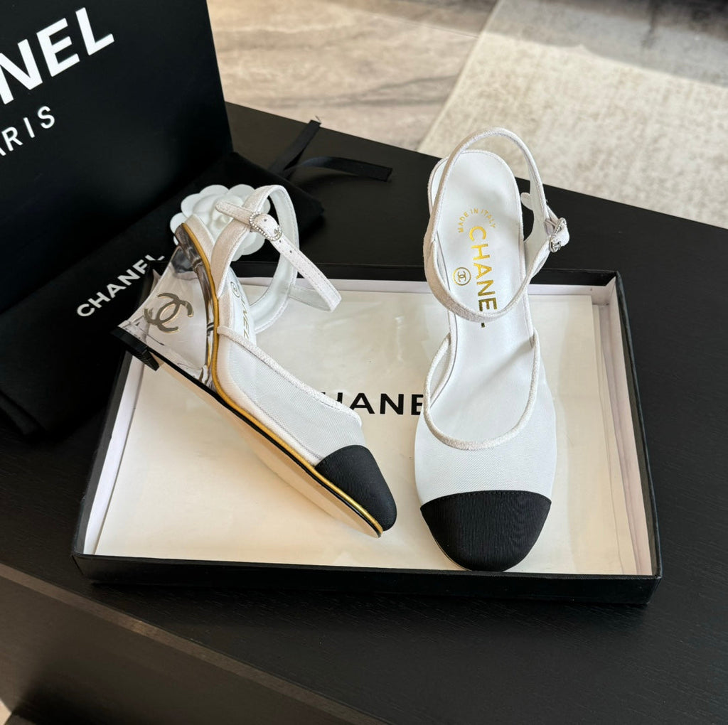 CHANEL Waterproof Platform High Heels Transparent Heel Mesh White