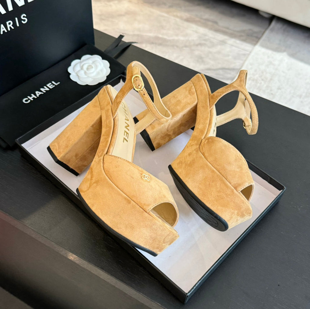 CHANEL HIGH HEEL PLATFORM SANDALS IN SAND YELLOW SUEDE