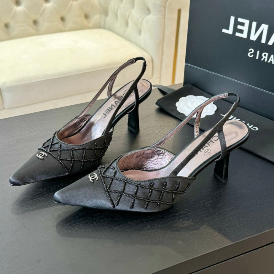 CHANEL POINTED SLINGBACK MID HEELS BLACK LAMBSKIN