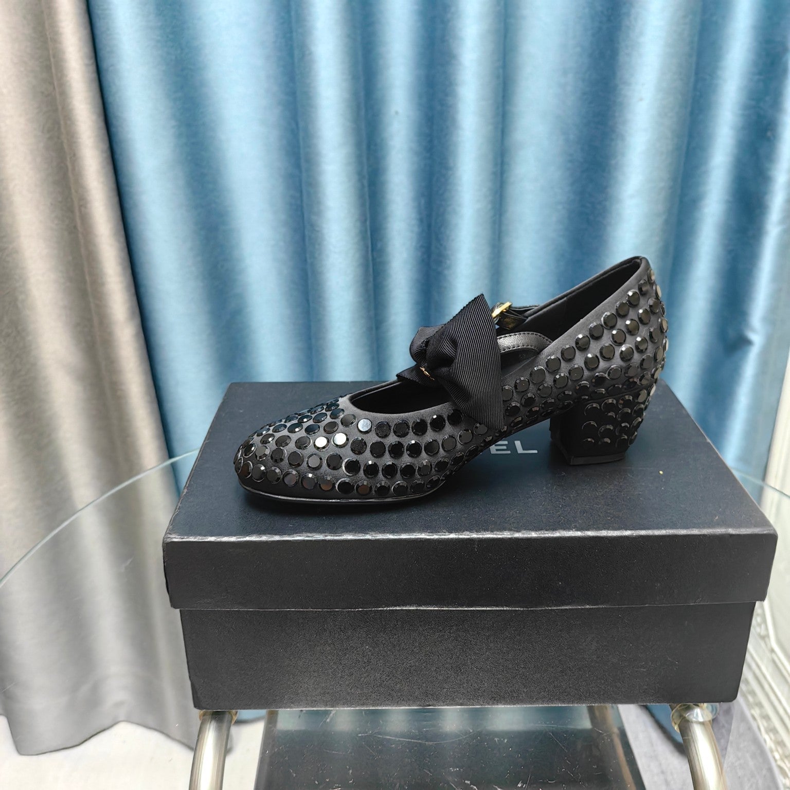 CHANEL HIGH MARY JANE BOW RHINESTONE BLACK SILK