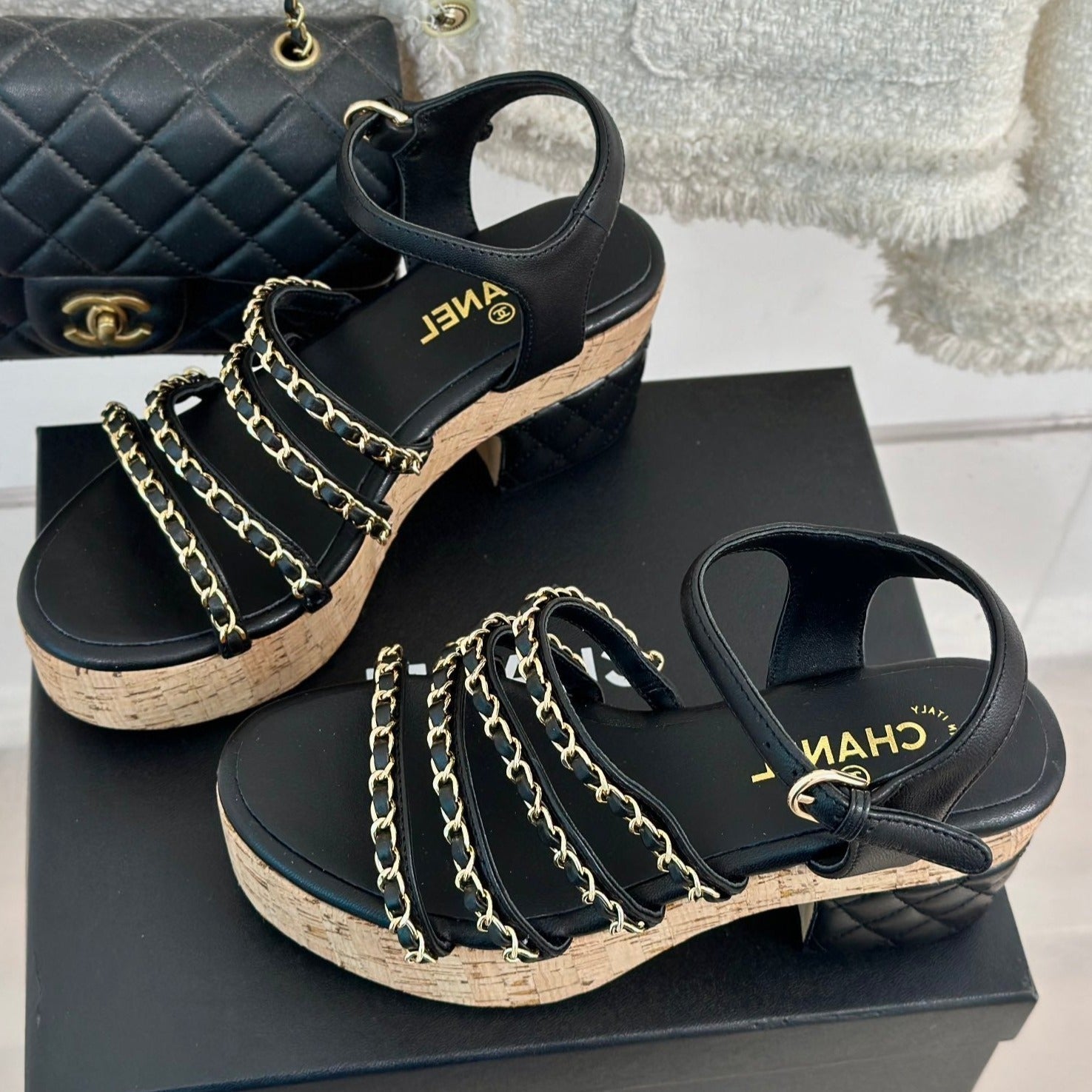 CHANEL Double C Wooden Chain Platform Block Heel Sandals Black