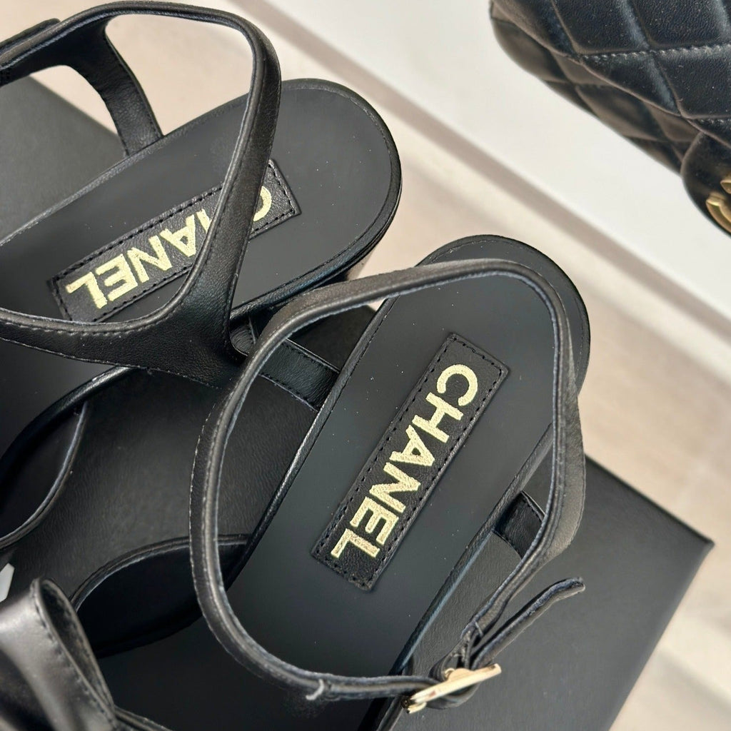 CHANEL Double  Big Bow High Sandal Sheepskin Black