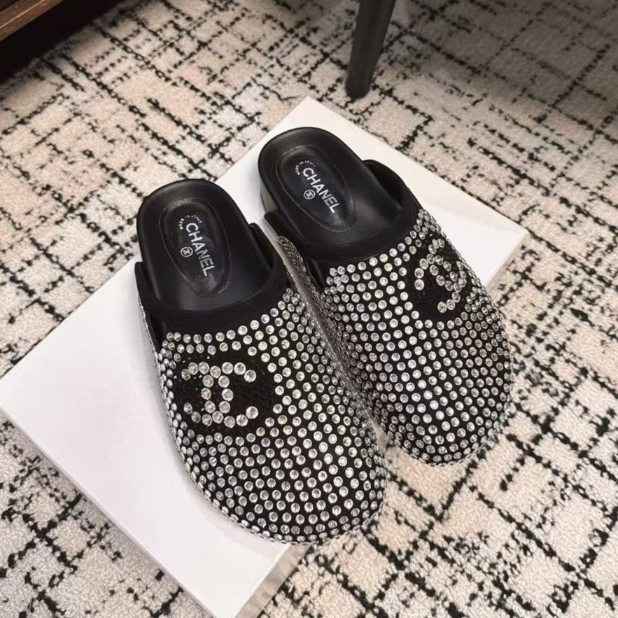CHANEL FLAT MULE IN  BLACK SUEDE WITH CRYSTALS